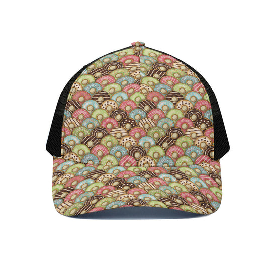 Donuts Pattern Print Black Mesh Trucker Cap