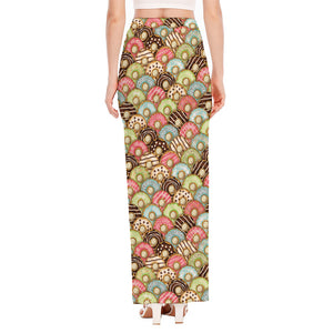 Donuts Pattern Print High Slit Maxi Skirt