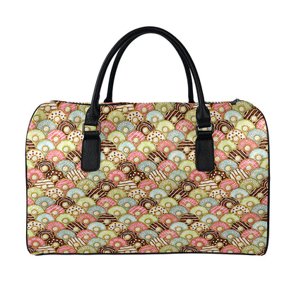 Donuts Pattern Print Leather Duffle Bag