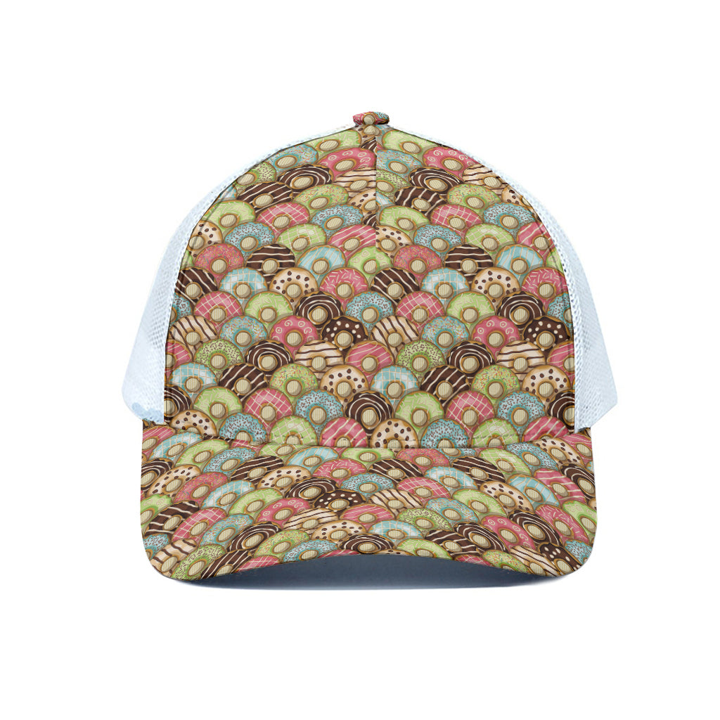 Donuts Pattern Print White Mesh Trucker Cap