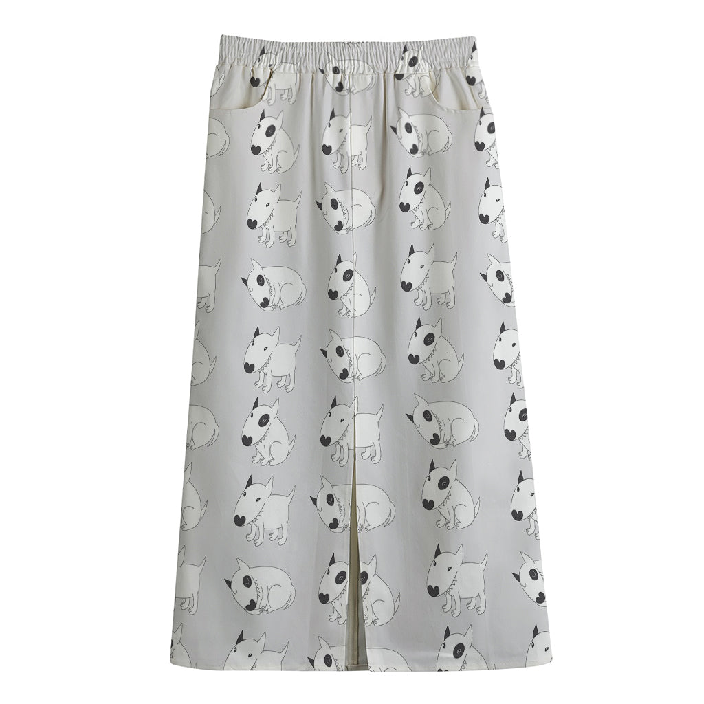 Doodle Bull Terrier Pattern Print Cotton Front Slit Maxi Skirt