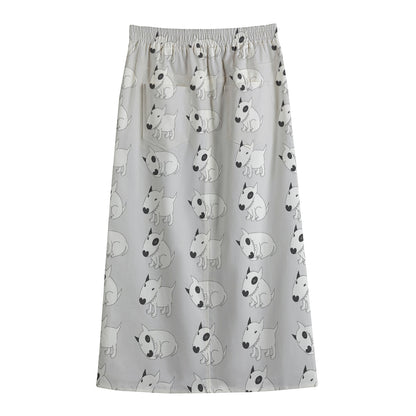 Doodle Bull Terrier Pattern Print Cotton Front Slit Maxi Skirt
