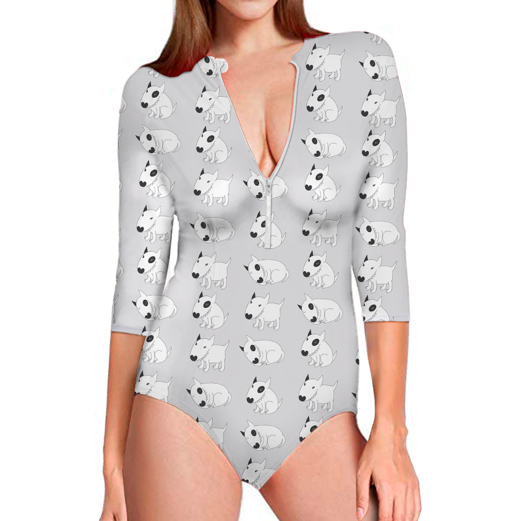 Doodle Bull Terrier Pattern Print Long Sleeve Swimsuit