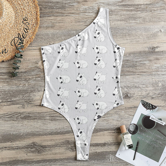 Doodle Bull Terrier Pattern Print One Shoulder Bodysuit