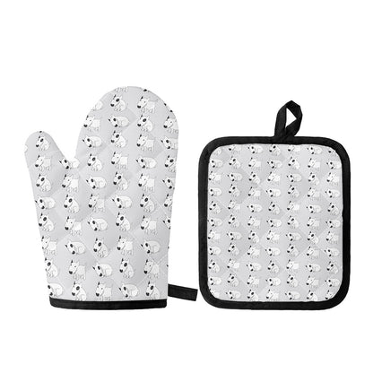 Doodle Bull Terrier Pattern Print Oven Mitt And Pot Holder Set