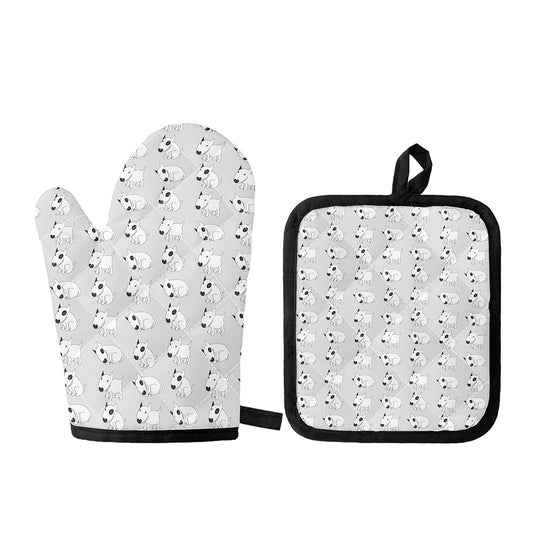 Doodle Bull Terrier Pattern Print Oven Mitt And Pot Holder Set
