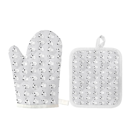 Doodle Bull Terrier Pattern Print Oven Mitt And Pot Holder Set