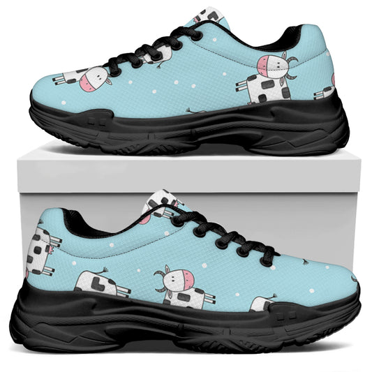 Doodle Cow Pattern Print Black Chunky Shoes