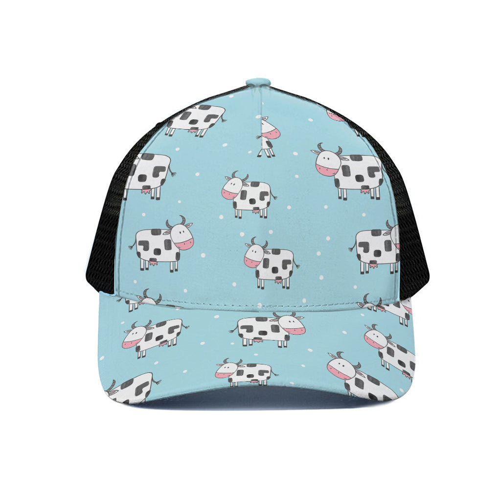 Doodle Cow Pattern Print Black Mesh Trucker Cap