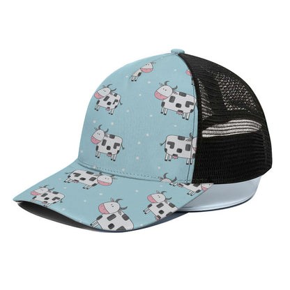 Doodle Cow Pattern Print Black Mesh Trucker Cap