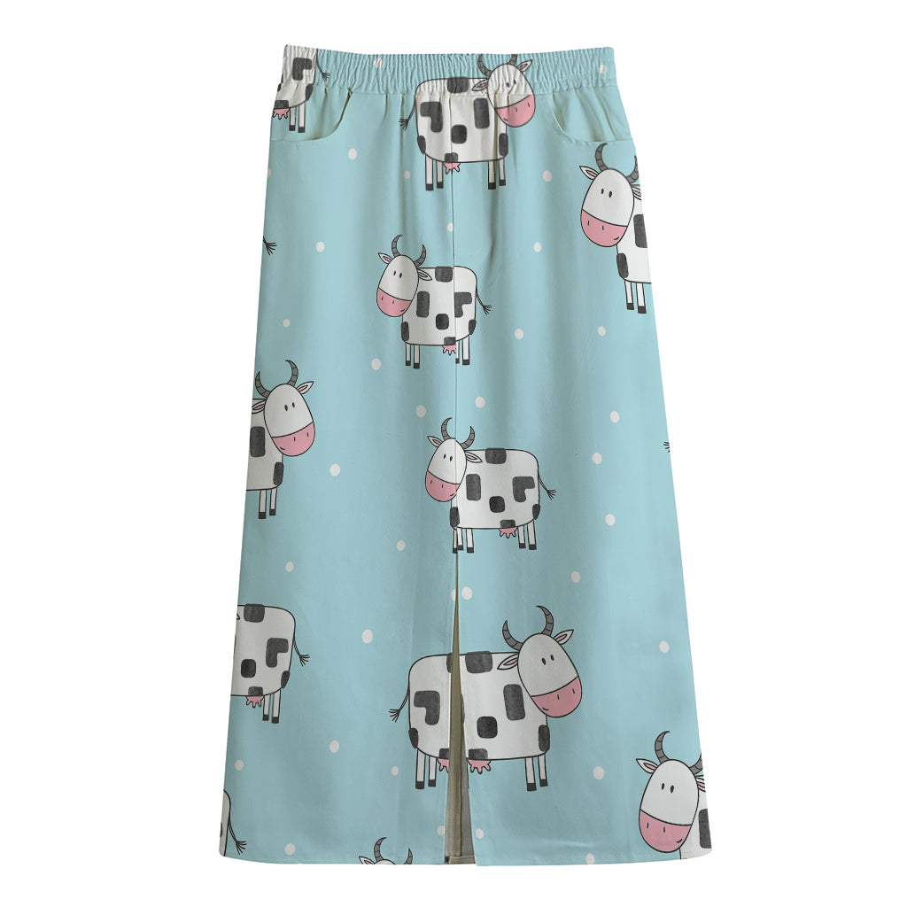 Doodle Cow Pattern Print Cotton Front Slit Maxi Skirt