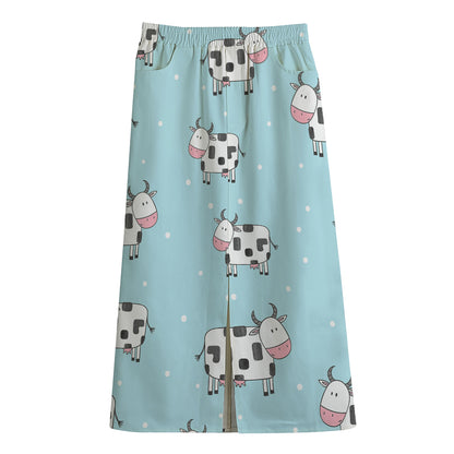 Doodle Cow Pattern Print Cotton Front Slit Maxi Skirt