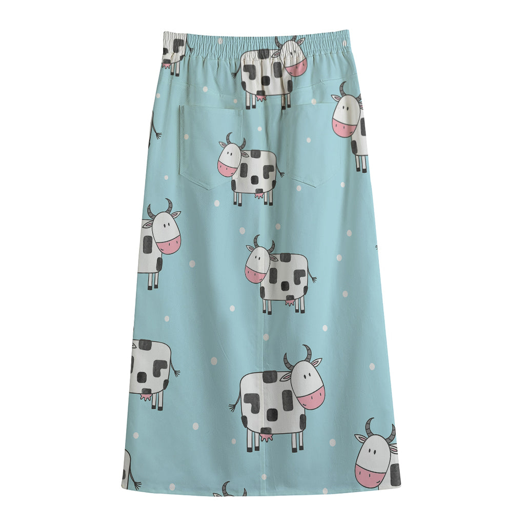 Doodle Cow Pattern Print Cotton Front Slit Maxi Skirt