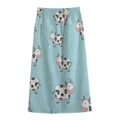 Doodle Cow Pattern Print Cotton Front Slit Maxi Skirt