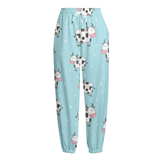 Doodle Cow Pattern Print Fleece Lined Knit Pants