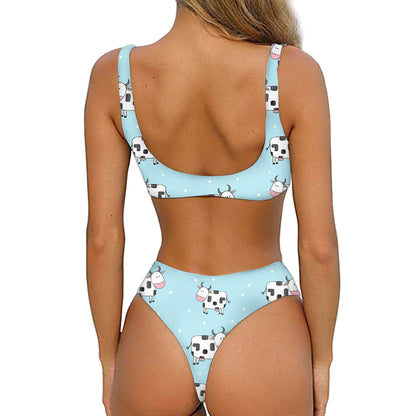 Doodle Cow Pattern Print Front Bow Tie Bikini