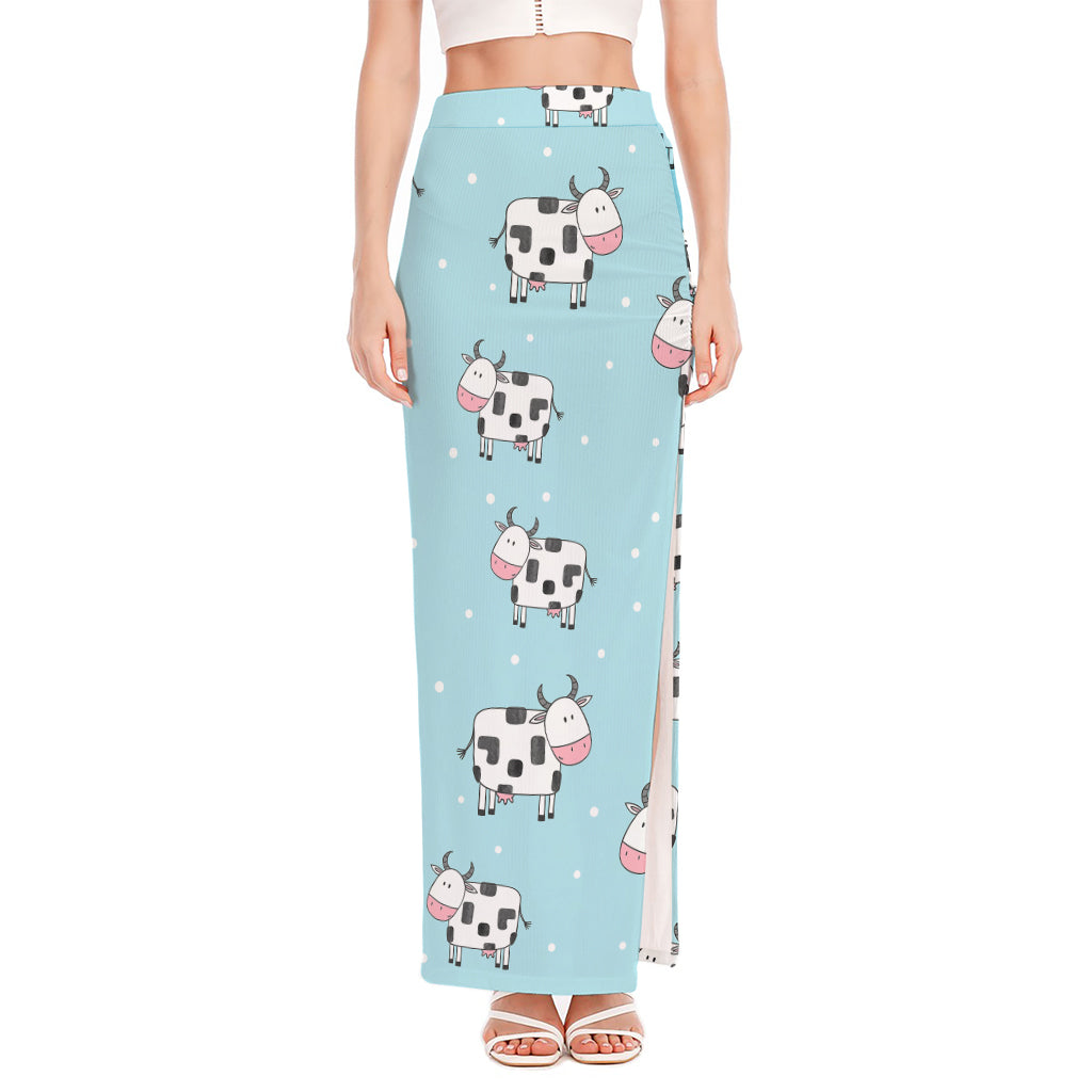 Doodle Cow Pattern Print High Slit Maxi Skirt
