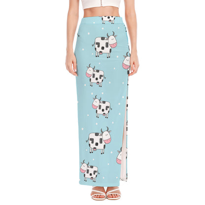 Doodle Cow Pattern Print High Slit Maxi Skirt
