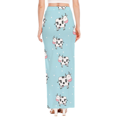 Doodle Cow Pattern Print High Slit Maxi Skirt