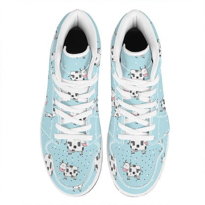 Doodle Cow Pattern Print High Top Leather Sneakers
