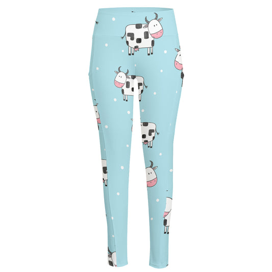 Doodle Cow Pattern Print High-Waisted Pocket Leggings