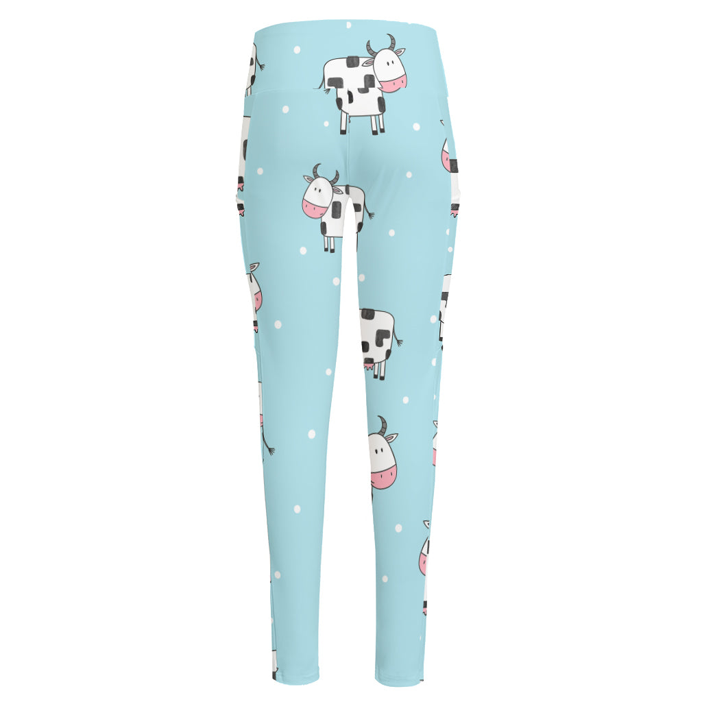 Doodle Cow Pattern Print High-Waisted Pocket Leggings