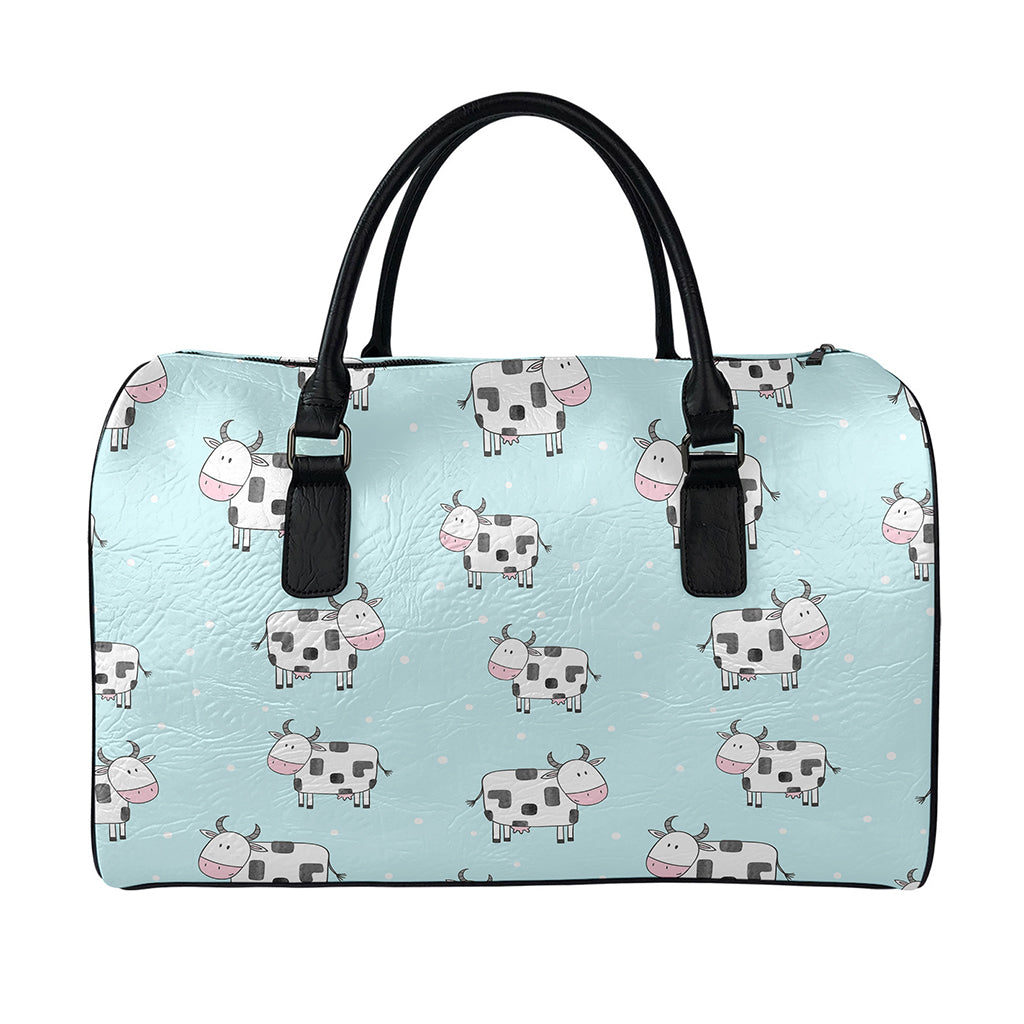 Doodle Cow Pattern Print Leather Duffle Bag