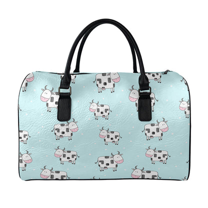 Doodle Cow Pattern Print Leather Duffle Bag