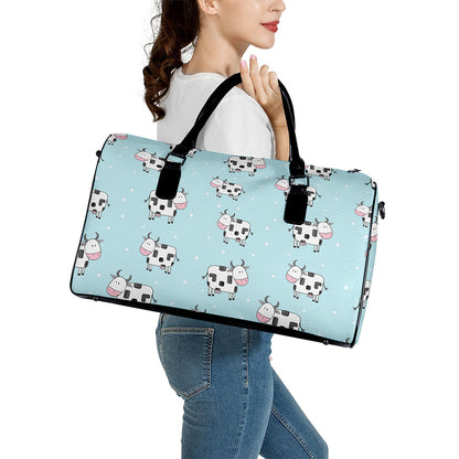 Doodle Cow Pattern Print Leather Duffle Bag