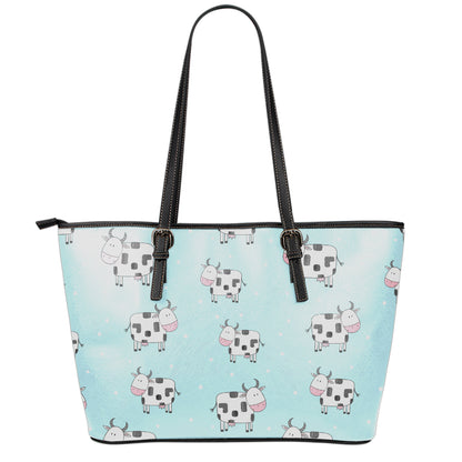 Doodle Cow Pattern Print Leather Tote Bag