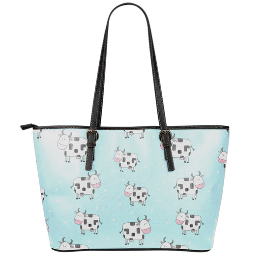 Doodle Cow Pattern Print Leather Tote Bag