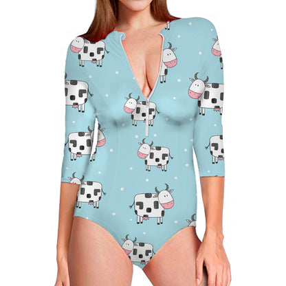 Doodle Cow Pattern Print Long Sleeve Swimsuit