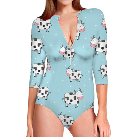 Doodle Cow Pattern Print Long Sleeve Swimsuit