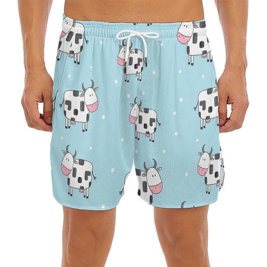 Doodle Cow Pattern Print Men's Split Running Shorts