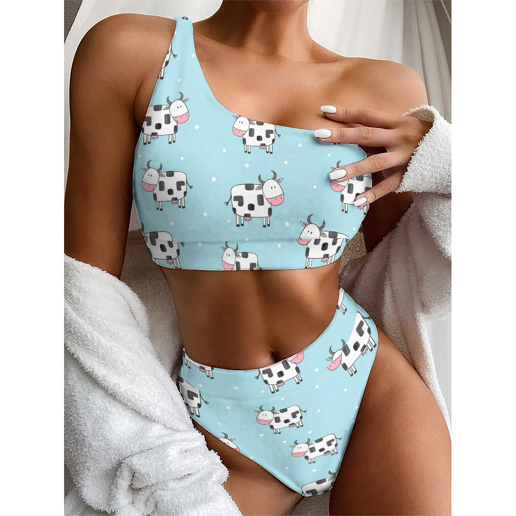 Doodle Cow Pattern Print One Shoulder Bikini Top