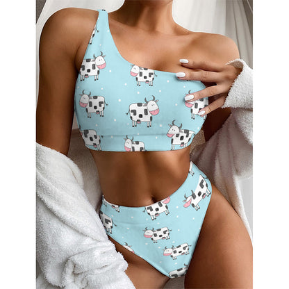 Doodle Cow Pattern Print One Shoulder Bikini Top