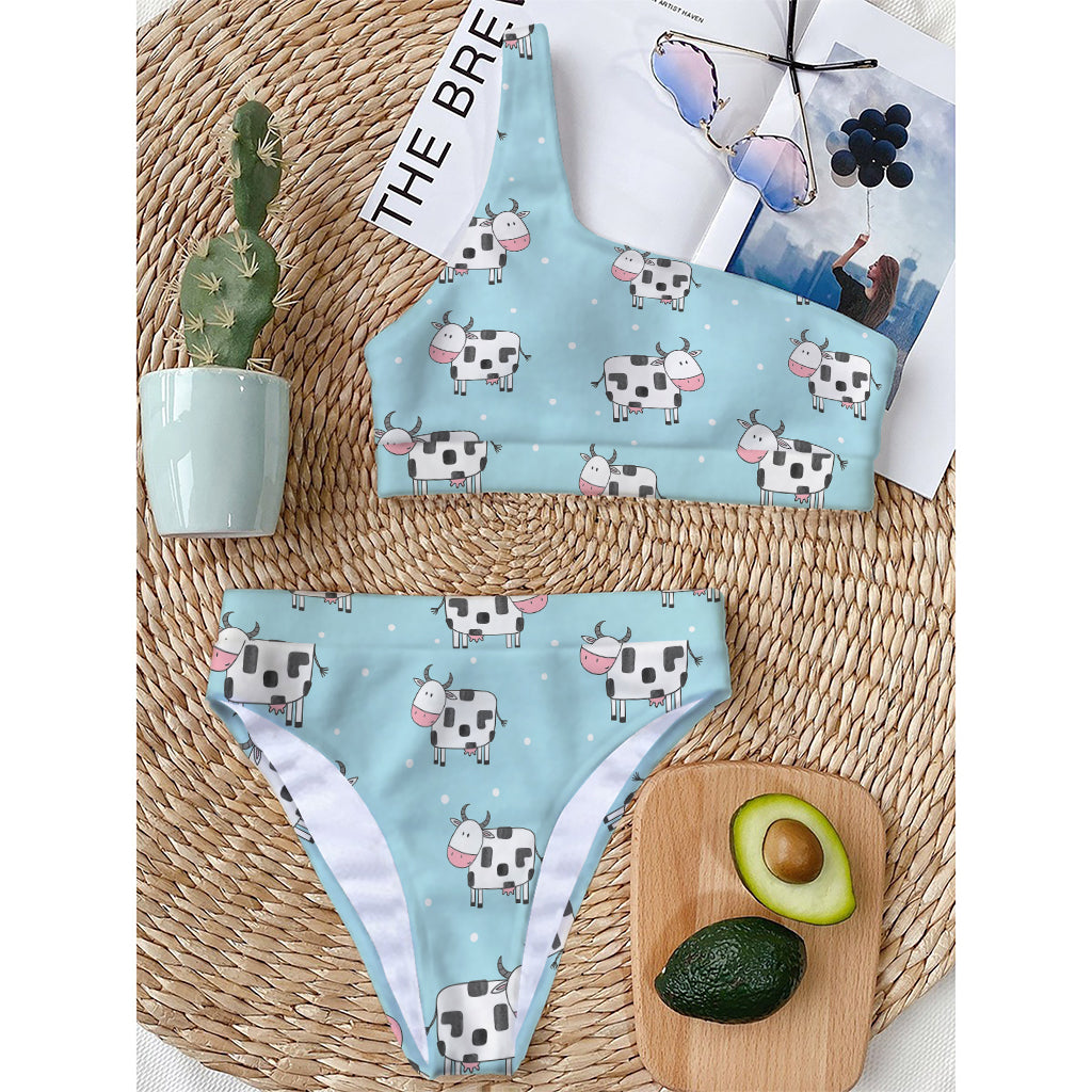 Doodle Cow Pattern Print One Shoulder Bikini Top