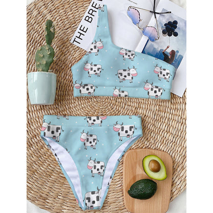 Doodle Cow Pattern Print One Shoulder Bikini Top