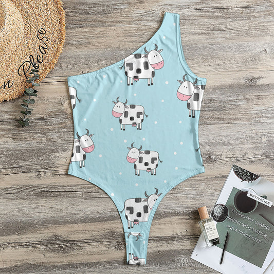 Doodle Cow Pattern Print One Shoulder Bodysuit