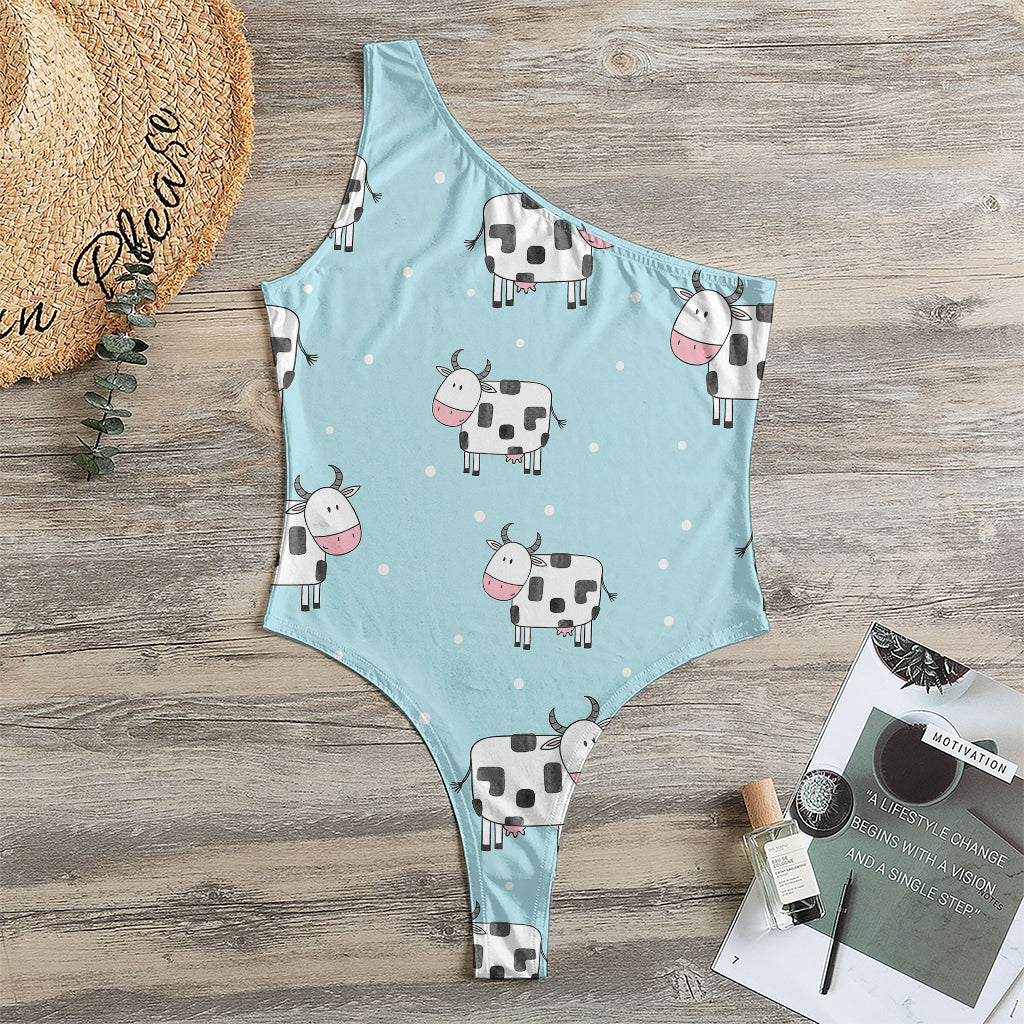 Doodle Cow Pattern Print One Shoulder Bodysuit