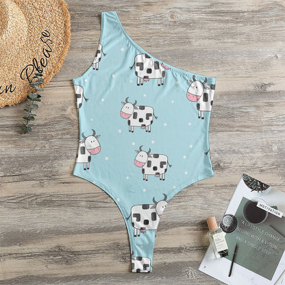 Doodle Cow Pattern Print One Shoulder Bodysuit