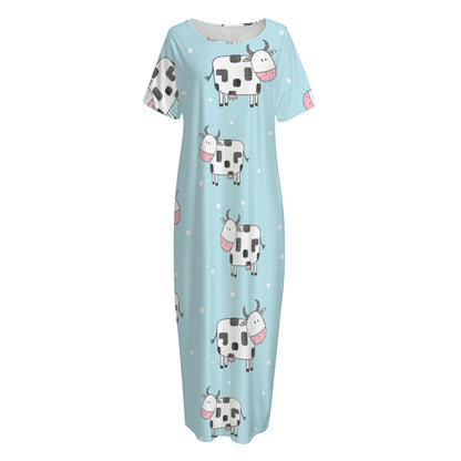 Doodle Cow Pattern Print Short Sleeve Long Nightdress