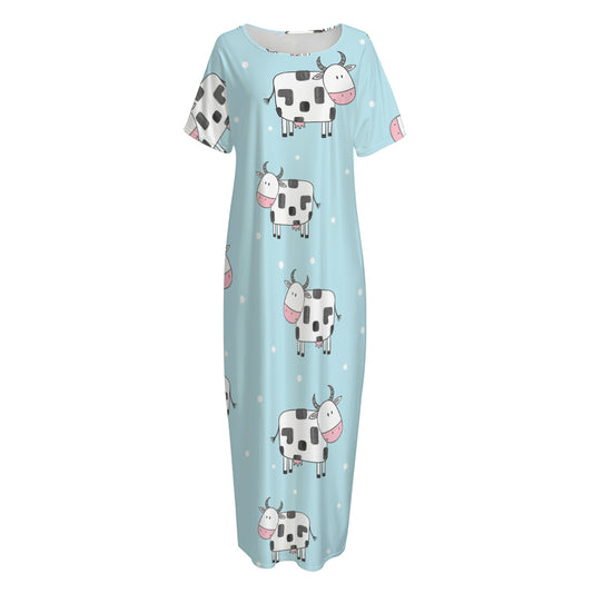 Doodle Cow Pattern Print Short Sleeve Long Nightdress
