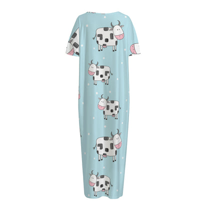 Doodle Cow Pattern Print Short Sleeve Long Nightdress