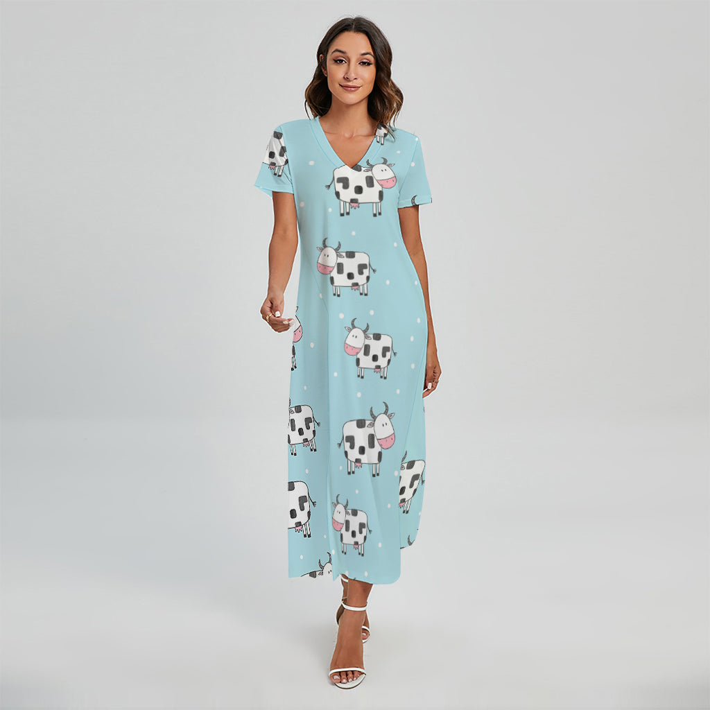 Doodle Cow Pattern Print Short Sleeve Maxi Dress