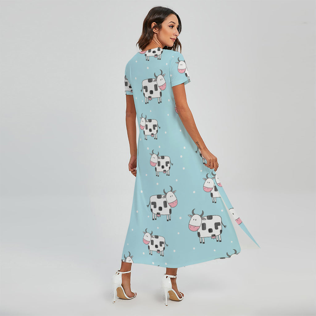 Doodle Cow Pattern Print Short Sleeve Maxi Dress