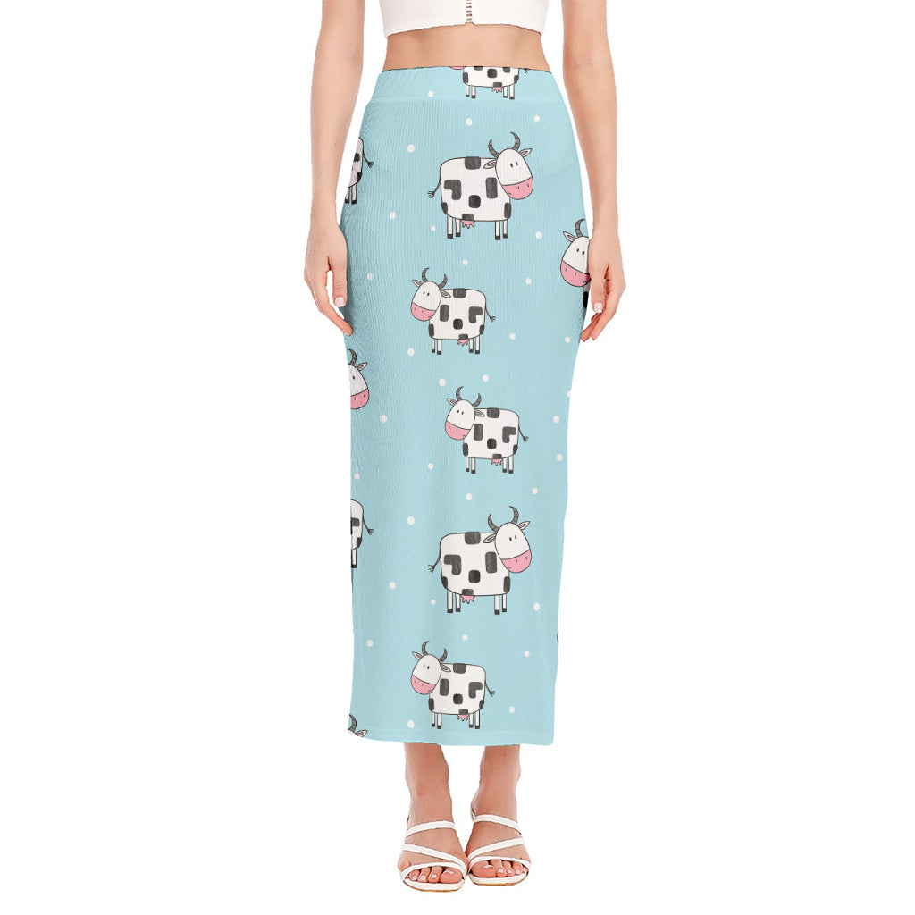 Doodle Cow Pattern Print Side Slit Maxi Skirt