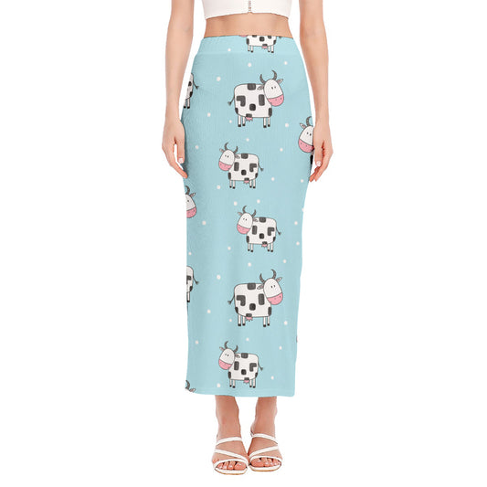 Doodle Cow Pattern Print Side Slit Maxi Skirt