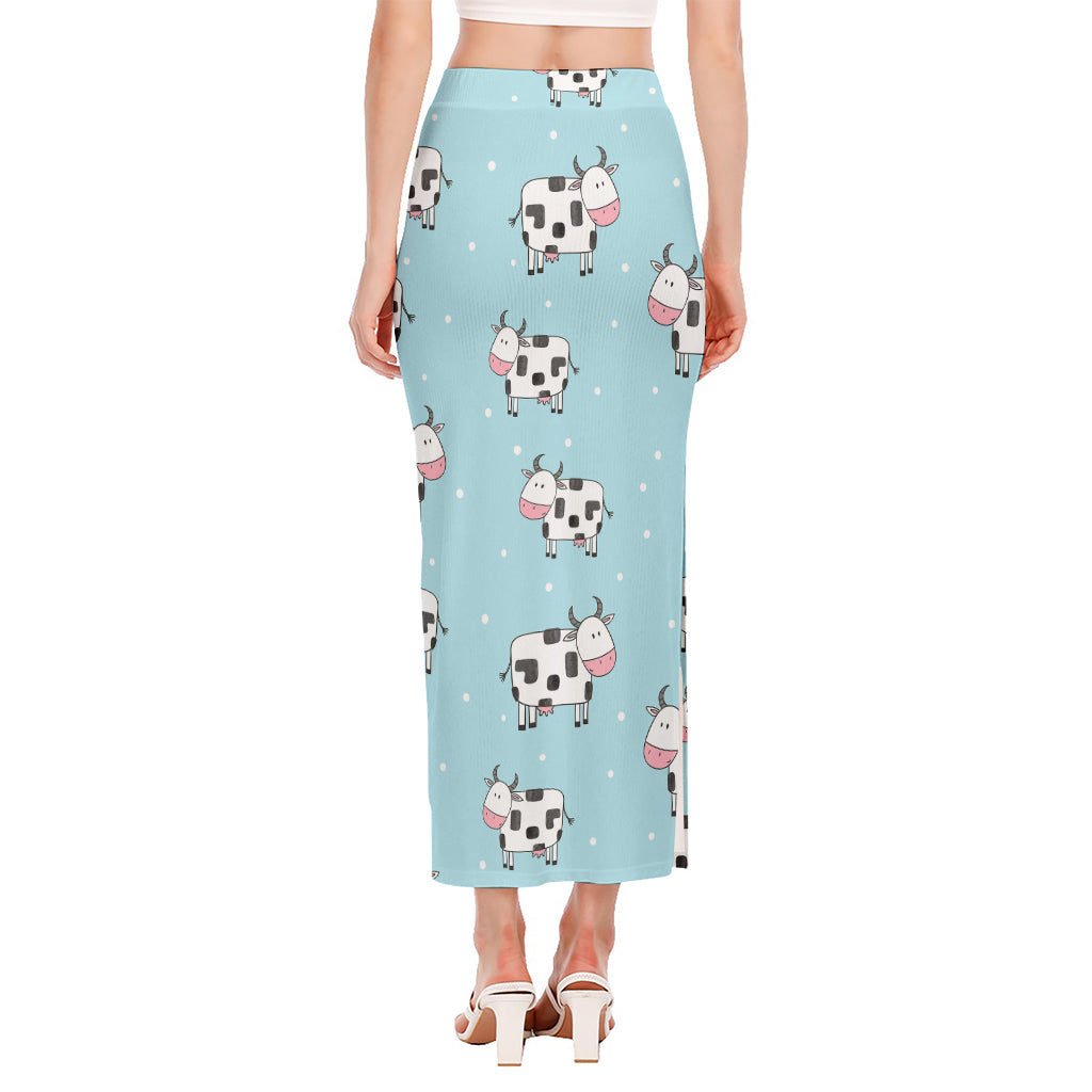 Doodle Cow Pattern Print Side Slit Maxi Skirt