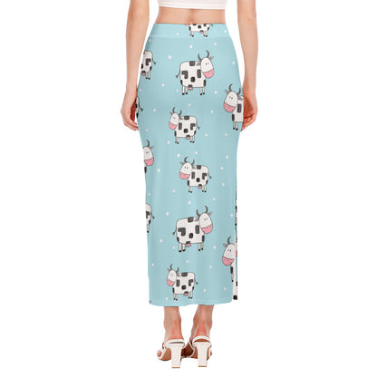 Doodle Cow Pattern Print Side Slit Maxi Skirt